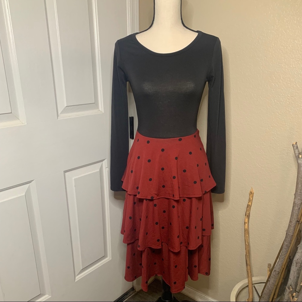 LulaRoe | Ruffled Red and Black Polka Dot Tiered Dress | xs